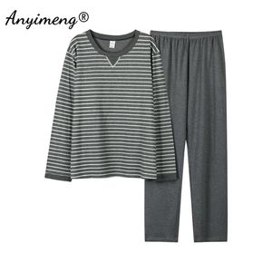 Pijamas casuais para homens Minimalista estilo moda mens pijama conjunto de algodão sleepwear mangas compridas calças longas em torno do pescoço Loungewear 210901