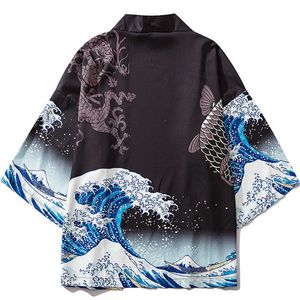 Schwarzer Kimono-Cardigan für Damen und Herren, japanischer Obi, männlicher Yukata, Herren-Haori, japanischer Wellenkarpfen-Druckmantel, traditionelle japanische Kleidung X0723