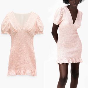 Za Summer Textured Print Pink Dress Women Short Puff Sleeve Ruffle Elegant Party Dress Woman Elastic Ruching Mini Dresses 210602