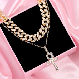 Multilayer Iced Out Crystal Cuban Chain Choker Necklaces For Women Retro Cross Rhinestone Pendant Necklaces Hip Hop Rock Jewelry X0509