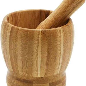 Mortar And Pestle Set Bamboo Bowl Garlic Press Grinder Crusher For Guacamole Kitchen Pepper Pressing Convenient 210611