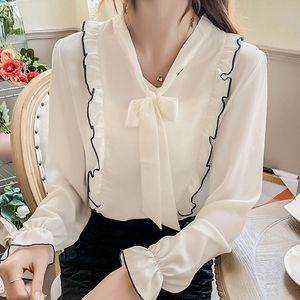 Blusas Mujer Blouse Women Ruffles Bow V-neck Chiffon Blouse Shirt Long Sleeve White Blouse Women Shirts Tops Blusa D477 210426