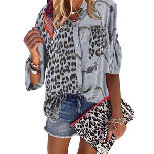 Frauen Bluse 2021 Herbst Tops drehen-unten Kragen Langarm Leopard Hemd Lose Plus Größe Kleidung Für Frau Damen blusen frauen Shirts