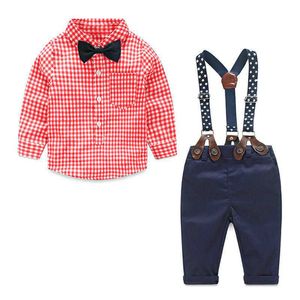 Designer-Kleidung für Neugeborene, Baby-Kind-Sets, Säuglings-koreanische Kinder-Kleidungsset, Gentleman-Anzug, kariertes Hemd, Fliege, Hosenträger, 2-teilige Anzüge