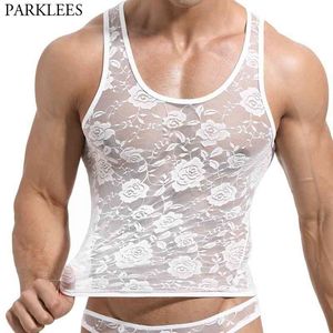 Men's Floral Lace Mesh Tanks Top Sexy See Through Sleevless Transparent Tshirt Men Elastic Fitted Nightwear Undershirt 210522