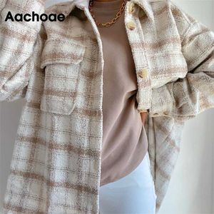 Aachoee Mulheres xadrez único casaco de jaqueta de breasted moda para baixo bolsos de colarinho casaco feminino streetwear manga longa primavera tops 211109