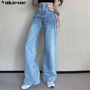 Streetwear Side Cross Chain Hollow Out Wide-Bein Damen Jeans Hohe Taille Hosen Sexy Elegante Damen Europa Mode Frau 210715