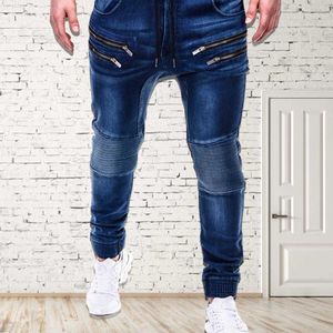 Jeans Men Casual Men Zipper Drawstring Pockets Running Skinny Pants Jeans Jogger Trousers Blue Jeans Man Jens Men Fashions Blue X0203R