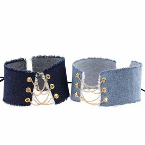 Bred nacke jeans denim choker halsband krage multilyaer guldkedjor spetsar justerbara halsband för kvinnor grils fest nattklubb mode smycken