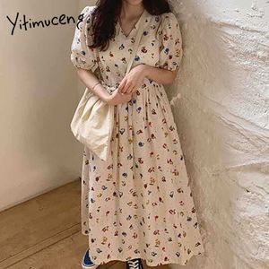 Yitimuceng boho цветочные печать платья для женщин негабаритные MIDI платье короткий слойный рукав белый черный летний корейская мода 210601