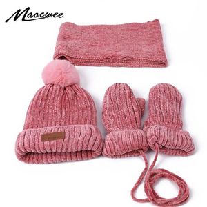 3 st Vinter baby hatt halsduk handskar sätta barn pompon stickade hattar för tjejer pojkar tjocka varma mössor med foder