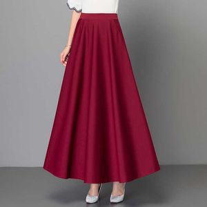 Elegante Plus Size 3XL Saia Plissada Coreano Vermelho Vermelho Cor Sólida Cor Saias Longas Mulheres Cintura alta Vintage Big Swing Escritório Maxi Saia 210619