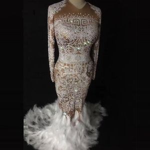 Party Decoration Sparkly Rhinestones Feather Nude Dress Sexy Nightclub Full Stones Long Big Tail Costume Prom Birthday Celebrate Dresses