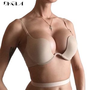 ファッションバックレスブラnvisible lingerie c d cup deep u sexy bra u prungeハーフカップブラジャーブラック女性の下着プッシュアップブラス210728