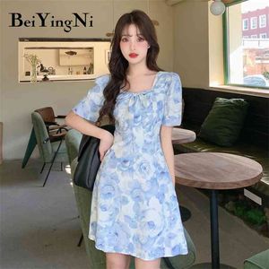 Vintage Painting Mini Dress for Woman Fashion Summer Short Sleeve Slim A-line Dresses Girls Floral Print Vestidos 210506