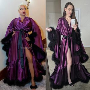 Women's Sleepwear Ladies Luxury Robe Flare Sleeves Feather Bridal Silk Satin Boudoir Lingerie Maternity Wedding Party Dressing Gown