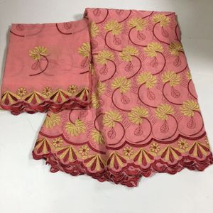 5Yards High Quality Peach African Cotton Lace Fabric Flower Embroidery And 2Yards Fuchsia Blouse Set For Dressing HS31