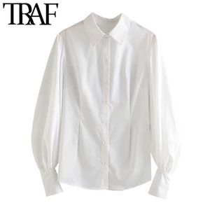 Mulheres moda Button-Up Blusas Brancas Vintage Lapela Collar Suff Manga Feminina Camisas Blusas Chic Tops 210507