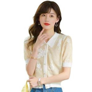 Broderad is silke stickad cardigan kvinnors kortärmad lapel polo shirt sommar koreansk kläder 210520
