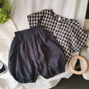 Clothing Sets Fashion Kids Clothes Set 2021 Summer Baby Girls Short Sleeve Plaid T-Shirts Tops+Bloomers Pants 2Pcs Children 1-6Y