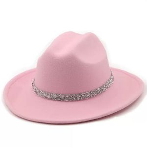 Fedora chapéu para mulheres largo borda diamante faixa sentiu jazz chapéu outono inverno casamento festa trilby chapéu