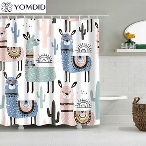 Alpaga motif rideau de bain imperméable rideaux de douche polyester dessin animé bain écran imprimé rideau pour salle de bain décor à la maison 210609