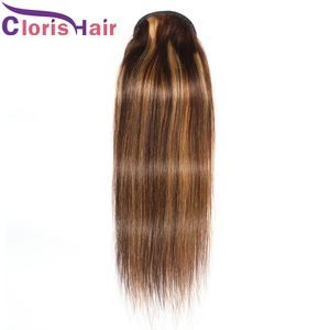 P4 / 27 Drawstring Human Hair Ponytails Straight Peruvian Virgin Honey Blonde Färgade Extensions Clip Ins Pony Tail Hårstycke för svarta kvinnor