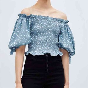 Women Summer Print Blouses Shirts Tops Half Sleeve Off shoulder Elastic bust Female Vintage Street Top Smock Tunic Blusas 210513