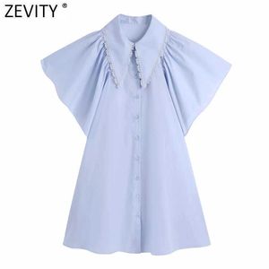 Zevity Women Sweet Lace Spliced Peter Pan Collar Solid Shirt Dress Female Chic Pleat Butterfly Sleeve Casual Vestidos DS8342 210603