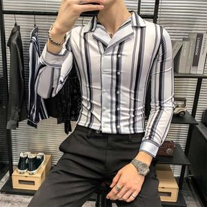 Camisas listradas Homens Dupla Dupla Manga Longa Slim Fit Camisa Casual Masculino Negócio Formal Vestido Social Blusa Camisa Masculina 210527