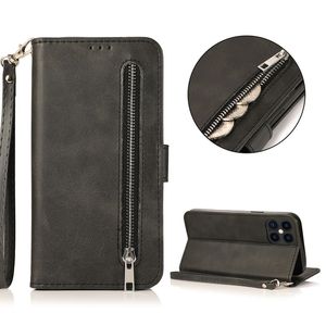 Pu Leather dragkedja Flip Wallet -fodral för iPhone 14 11 12 13 Pro Max X Xs XR 6 6S 7 8 Plus SE2 -korthållare Stativ Telefonskydd