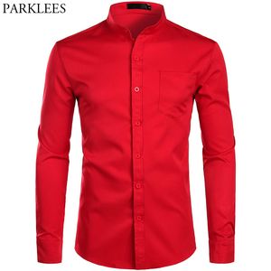 Kırmızı Bantlı Gaberin Yaka Elbise Gömlek Erkekler Marka Mens Slim Fit Uzun Kollu Düğme Gömlek Cep Chemise Homme 210522