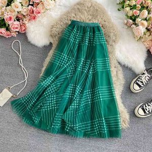 Autumn Winter High Waist Thin A-line Plaid Pleated Mesh Skirt Women's Mid-length Half-length Skirts Womens C084 210507