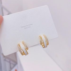 Hoop & Huggie 14K Real Gold Plating Type C Three-layer Zircon White Drip Earrings Design Fashion Jewelry Elegant Women's Daily Earing Gift