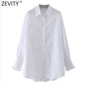 Zevidade Mulheres Moda Cor Sólida Oversize Branco Smock Blusa Escritório Senhora Elástico Manga Longa Camisas Chic Blusas Tops LS7626 210603