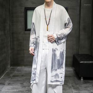 Mäns Jackor Neploha 2021 Cape Chiffon Cardigan Windbreaker Man Kinesisk stil Vintage Streetwear Långrockar Man Kläder