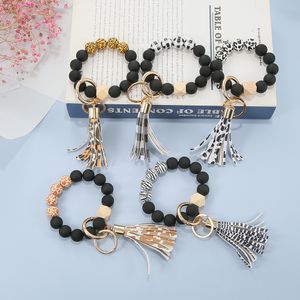 Träpärlor Bangle Wristlet Leopard Skriv ut Plaid Armband Smycken Tassel Key Ring Party Favor Keychain Bags Hängande Hängsmycke Mode Tillbehör Armband 07767-B