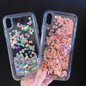 Kärlek Heart Sequins Flytande Mjuk TPU Telefon Fodral för iPhone 12 11 Pro Max XR XS 8 7 6 Se Bling Glitter Sparkle Flytande Skyddsväska