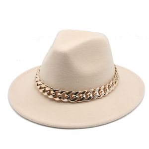 Fedora s för kvinnor män brett brim tjockt guld kedja band filt jazz cap vinter höst panama röd lyx hatt chapeau femme