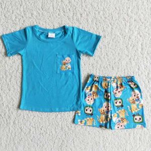 Vendita all'ingrosso neonato nuovo stile abbigliamento estivo blu manica corta tasca camicia pantaloncini bambini boutique bambini set vestito alla moda X0802