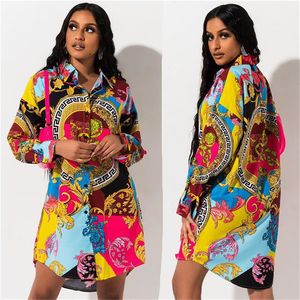 Höst Mode Afrikansk tryckt skjorta Klänning Sexig Kvinnor Långärmad Slå av Casual Loose Mini Dress Black Nattklubb Dropshipping X0521