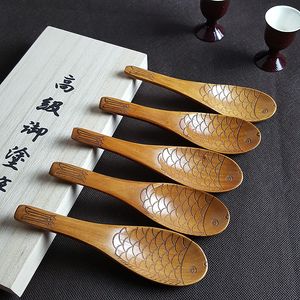 Fish Pattern Carved Wooden Spoon Eco-friendly Solid Wood Rice Spoons Durable Soup Tea Cake Scoop Kitchen Restaurant Tableware BH5043 WLY