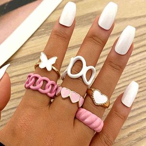 Färgglada Butterfly Heart Ring Set Partihandel Y2K Finger Smycken Grön Rosa Justerbar Droppmetall Handmålad Gåva Till Girls G1125