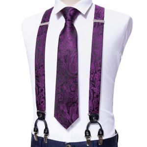 Lila Floral Justerbar Silk Set Neck Tie Party Bröllop Y-Shape 6 Clip Suspenders För Men Tröja Barrywang