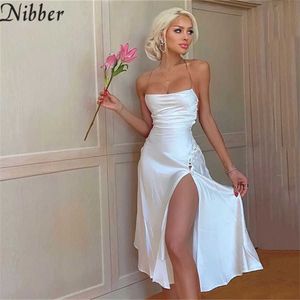 Nibber vit midi klänning för kvinna v-nacke ärmlös criss sida split elegant sexig prom klänningar wrap clubbwear bröllopsklänning 2021 y0726