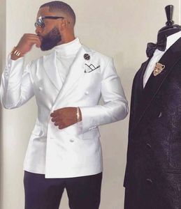 White Jacket Black Pant Costume Homme Men Wedding Suit Slim Fit 2 Pieces Double Breasted Tuxedo Groom Prom Blazer Masculino X0909