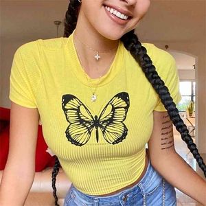 Cute Butterfly Druk nici Crop Top Womens Summer Casual Żółty Krótki Rękaw Damski T Shirt Street Sexy Slim Tee