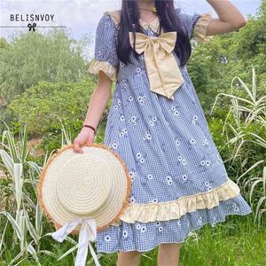 Japanisches Sommer-Frauen-Lolita-Stil-Kleid Peter Pan 2-Kragen-Bogen-süßes Mori-Mädchen Preppy-Rüschen Kawaii-Baumwolle 210520