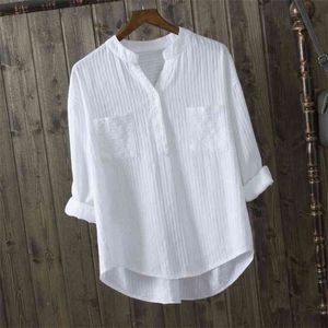 Осенние женские рубашки с длинным рукавом свободные V-образным вырезом белая блузка двойные карманы вскользь женские блузки 100% хлопковые рубашки топы D76 210512