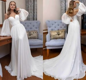 Glam Långärmade Bröllopsklänning Av Axel Puffy Ärmes En Linje Sweetheart Chiffon Bridal Gown Court Train Vestido de Noiva 2022 Robe Mariage